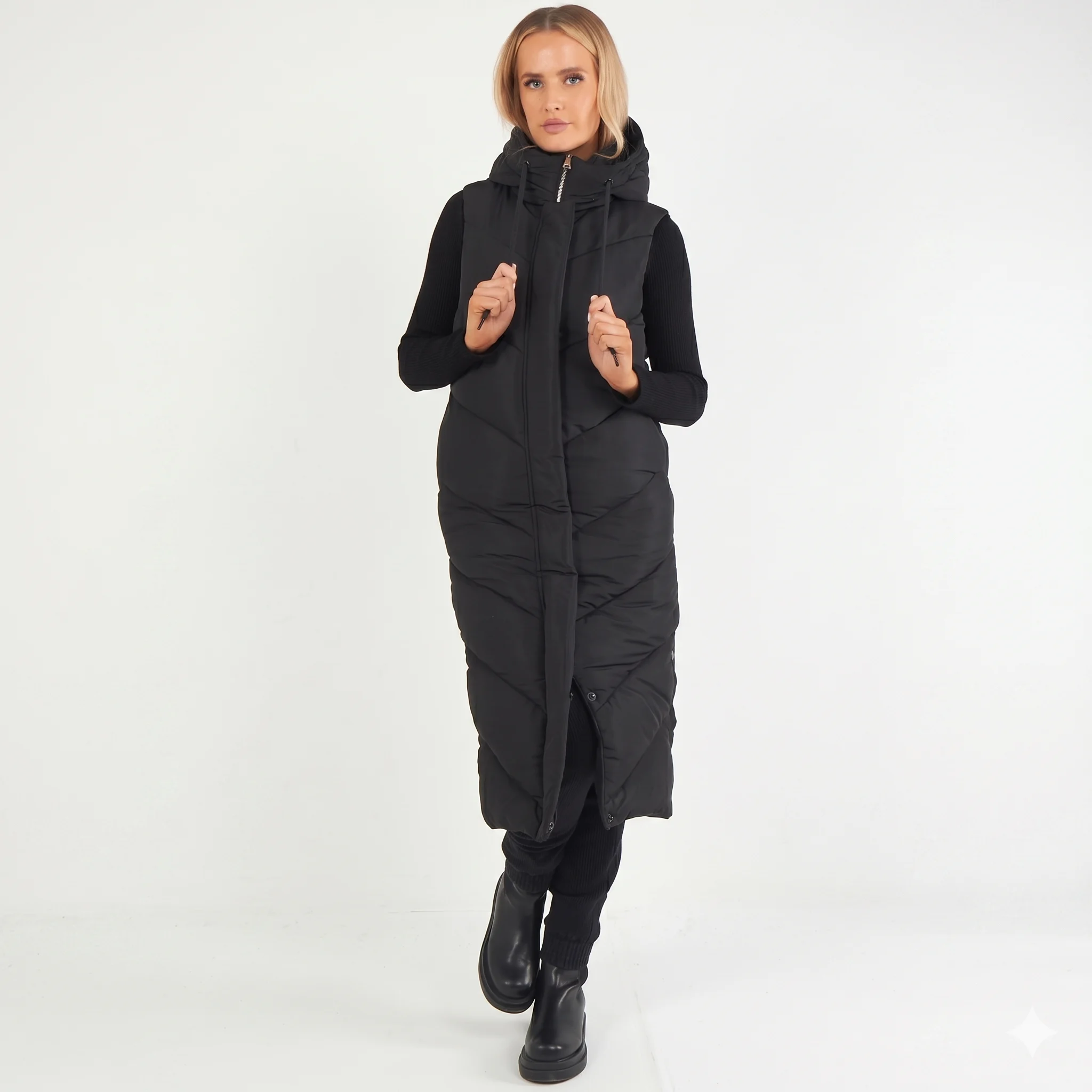 Ladies Hooded Longline Puffer Vest Sleeveless Quilted Gilet Winter Coat