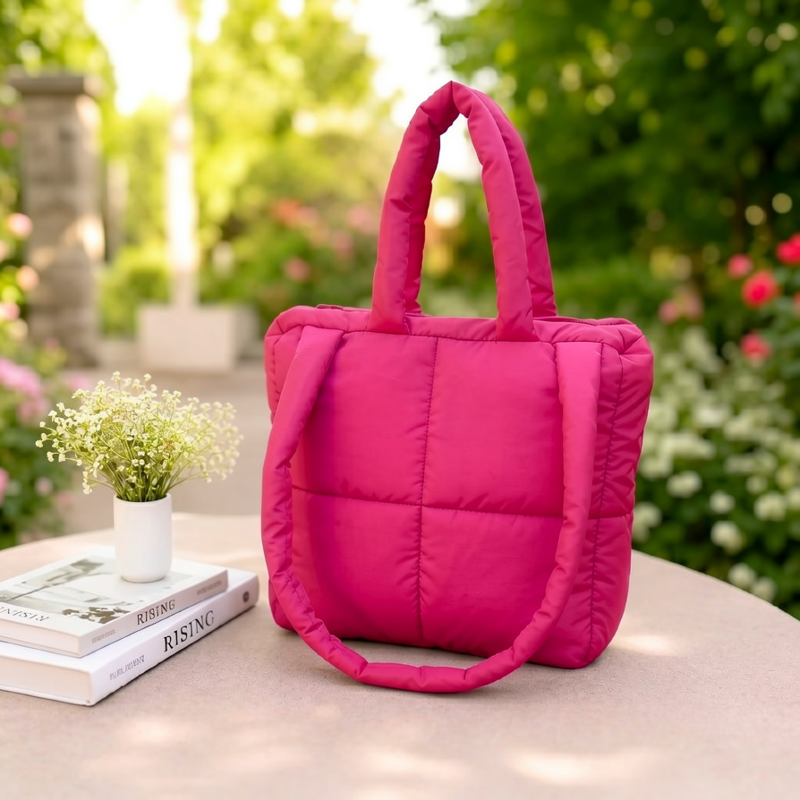 Women’s Puffer Tote Bag Quilted Large Square Shoulder Handbag Zip - Image 4