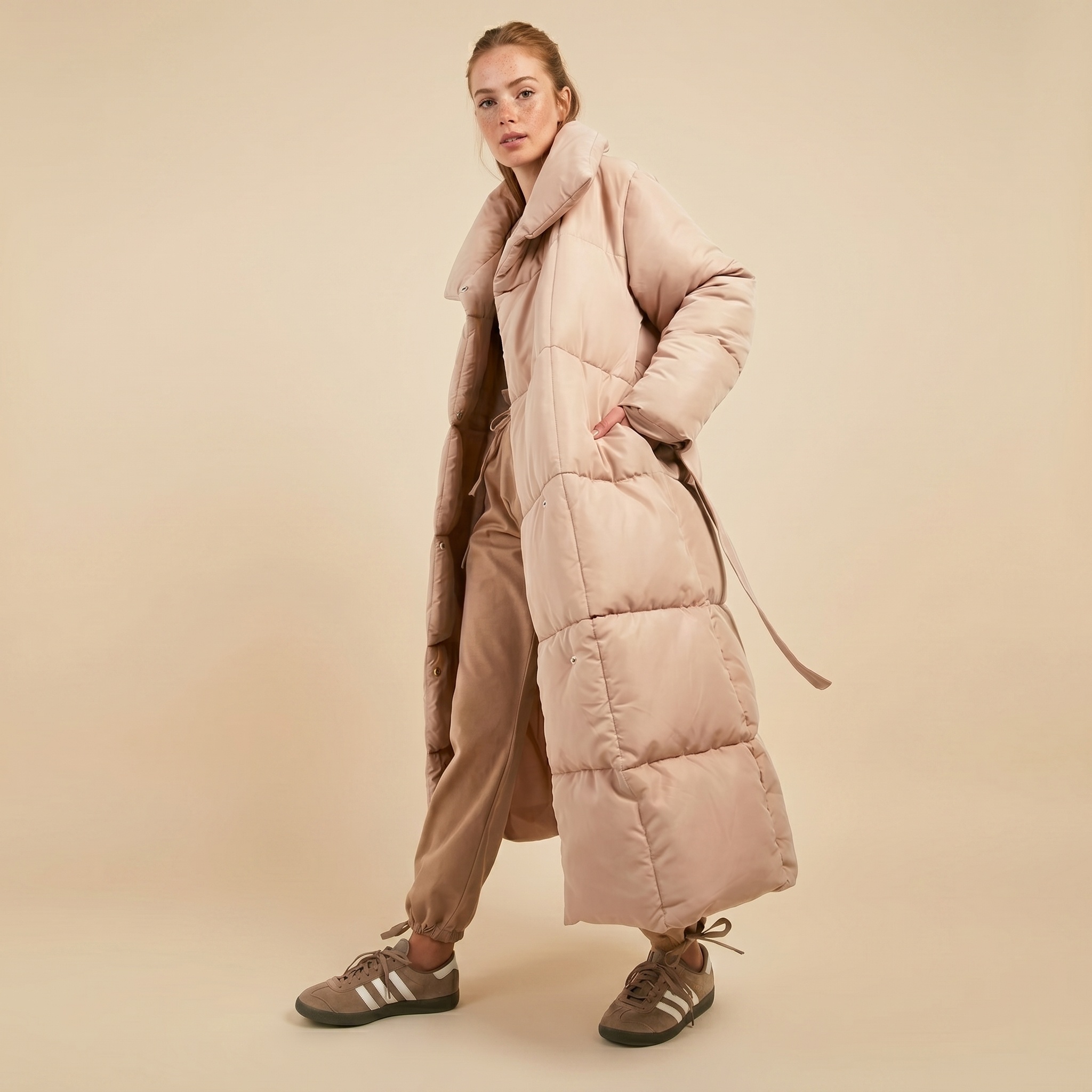 Women’s Blue Hooded Longline Puffer Jacket Belted Padded Winter Coat Fashion