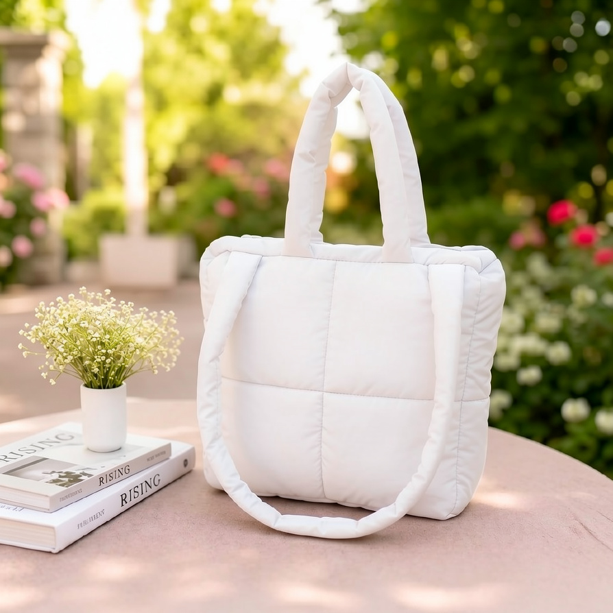 Women’s Puffer Tote Bag Quilted Large Square Shoulder Handbag Zip - Image 3