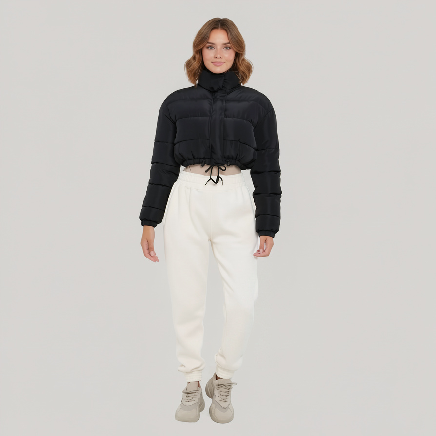 Womens Black Padded Cropped Puffer Jacket Zip Up Winter Bubble Coat - Image 3