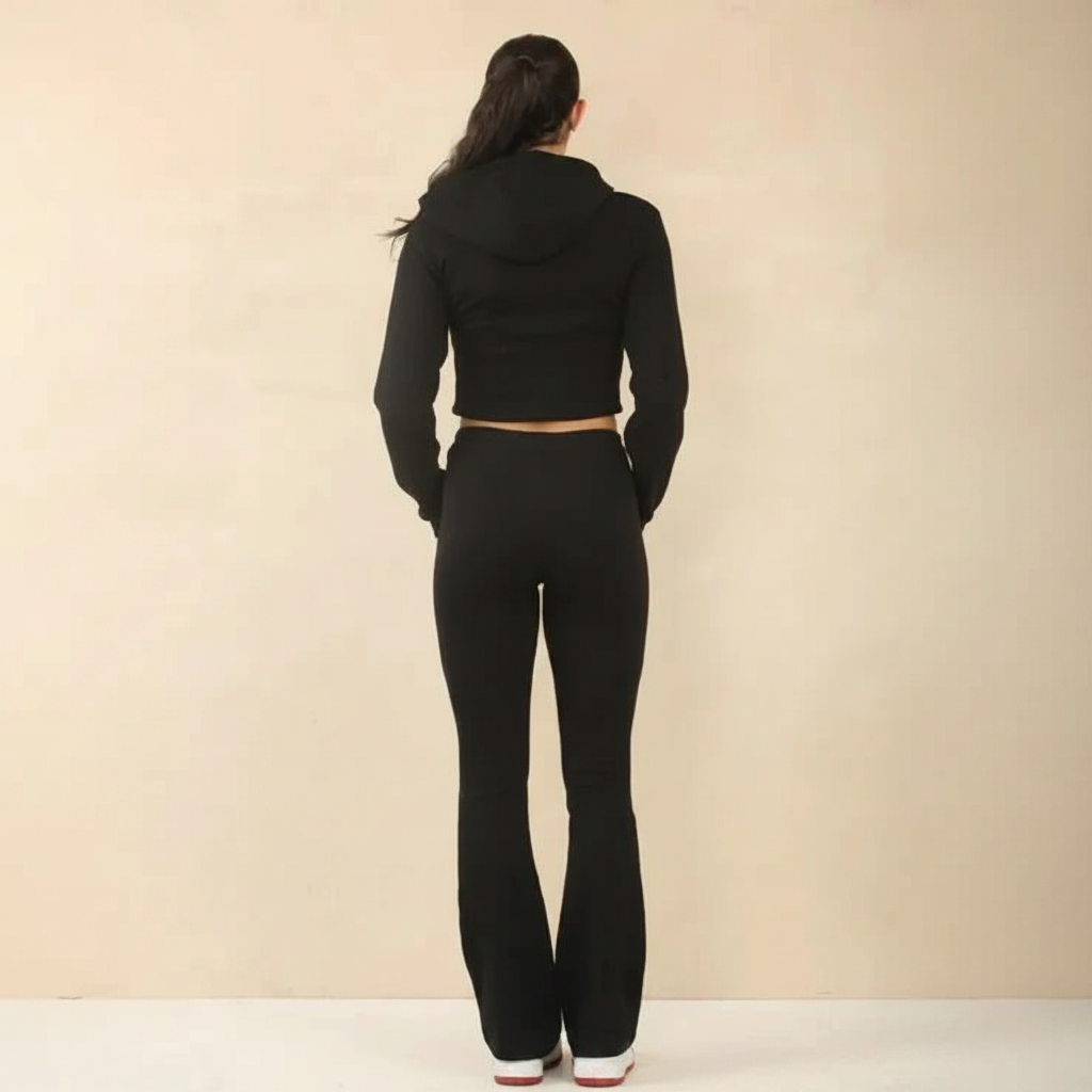 Women’s Cropped Zip Hoodie Flare Pants Tracksuit Set 2PC Co Ord Outfit - Image 2