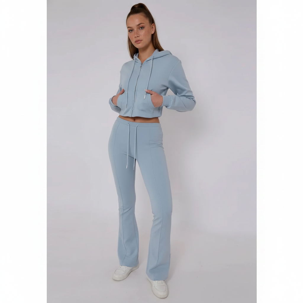 Women’s Cropped Zip Hoodie Flare Pants Tracksuit Set 2PC Co Ord Outfit - Image 4
