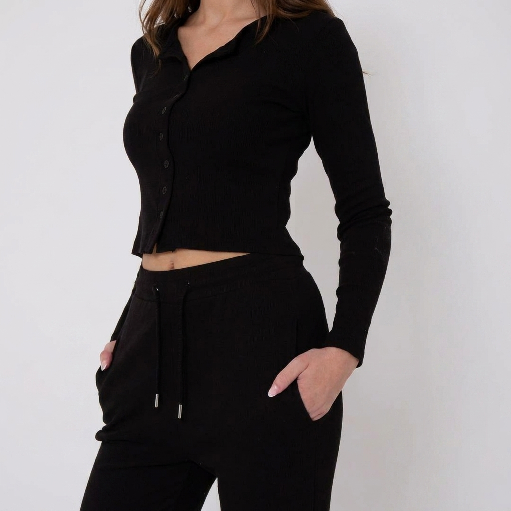 Womens Ribbed Loungewear Set 2 Piece Button Top Wide Leg Trousers Co Ord - Image 3