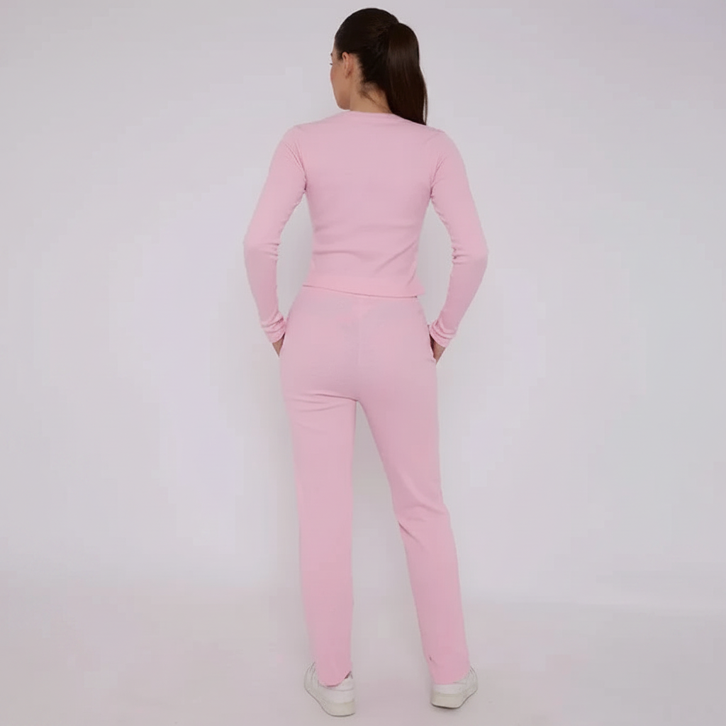 Womens Ribbed Loungewear Set 2 Piece Button Top Wide Leg Trousers Co Ord - Image 5
